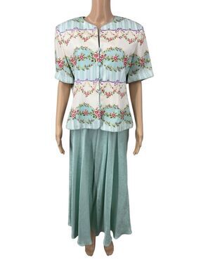 Silk Adrianna Papell Mint & Cream Pink Floral Jacket and Flowy Skirt Suit Set